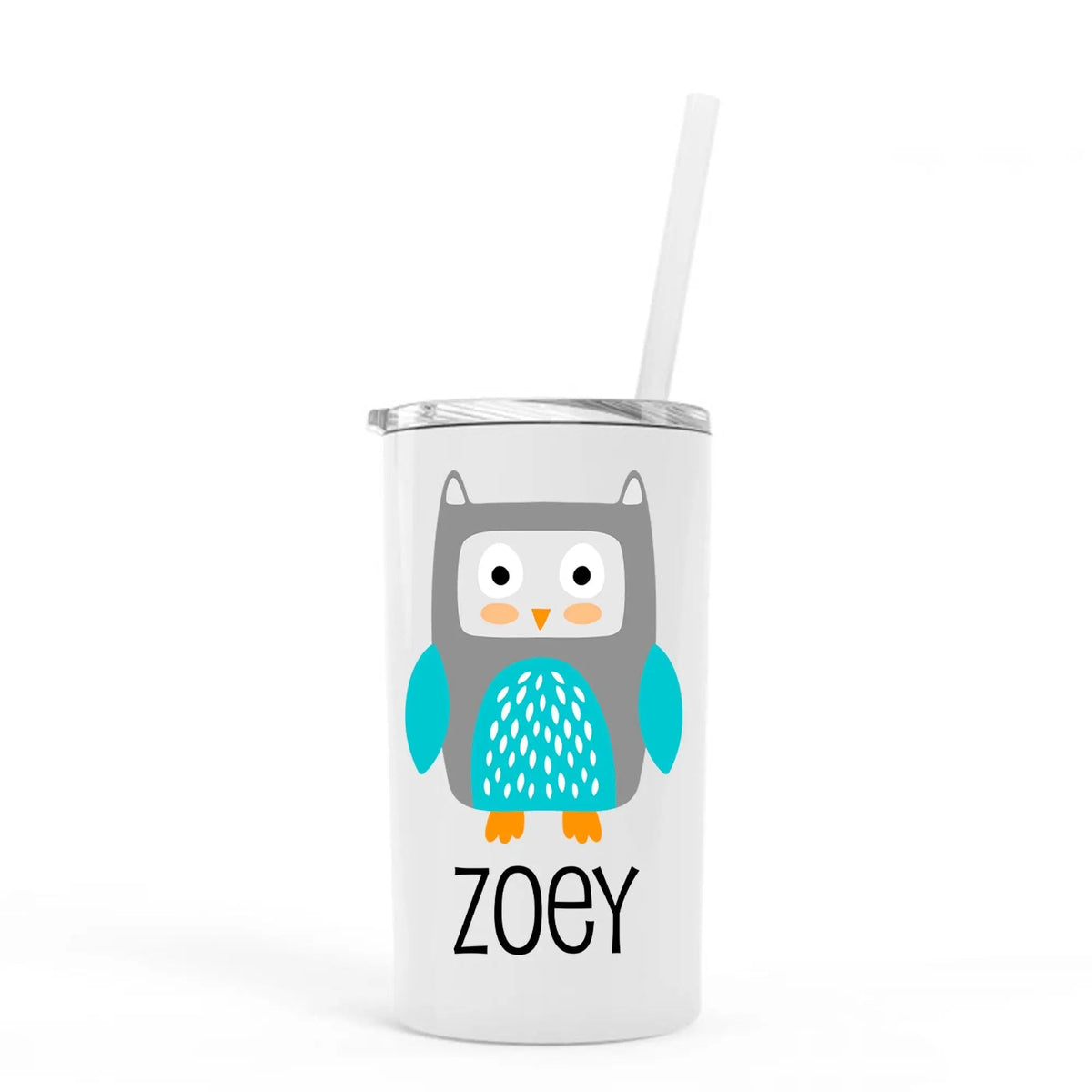 Kids stainless steel tumbler with straw, owl character design and 'ZOEY' text