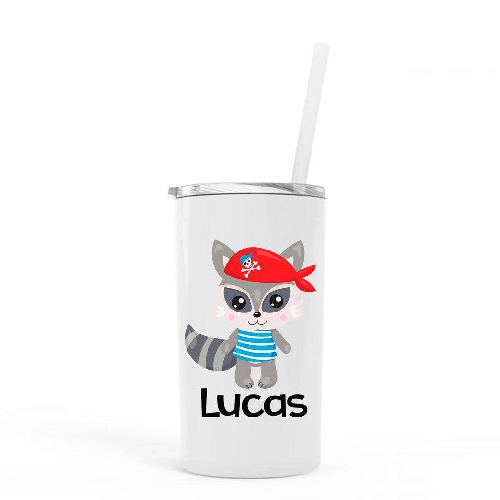 Kids stainless steel tumbler with straw, raccoon animal design and 'LUCAS' text