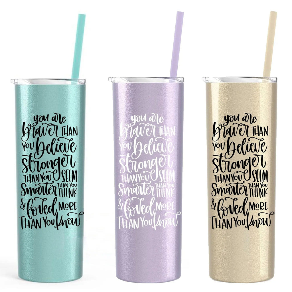 Set of glitter skinny tumblers in mint, lilac, and gold with black motivational quote