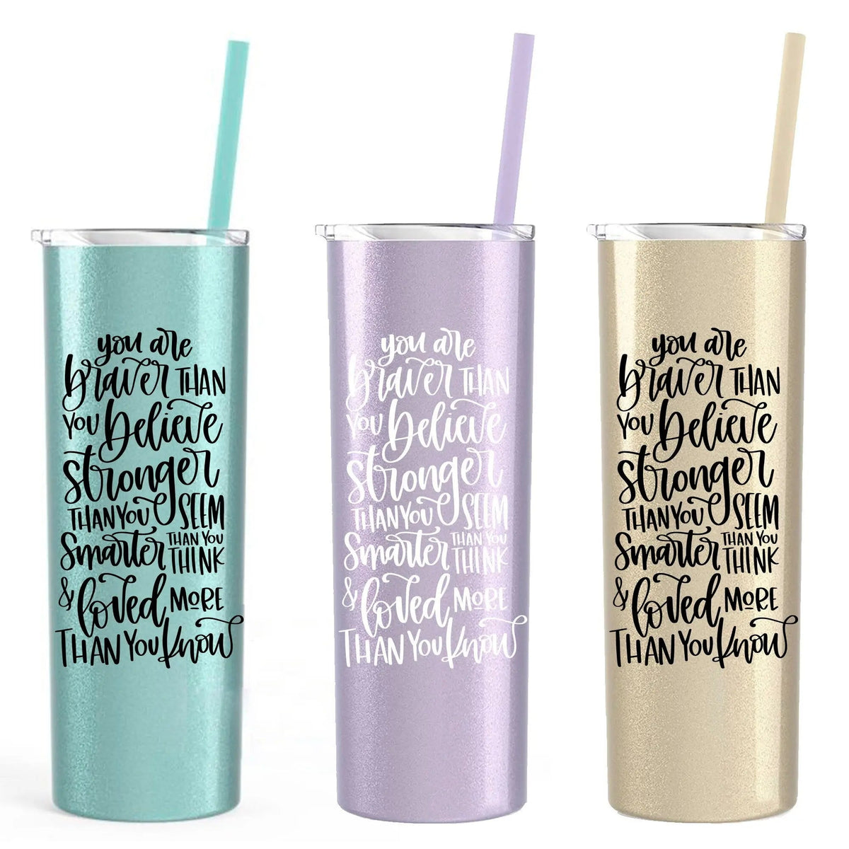 Set of glitter skinny tumblers in mint, lilac, and gold with black motivational quote