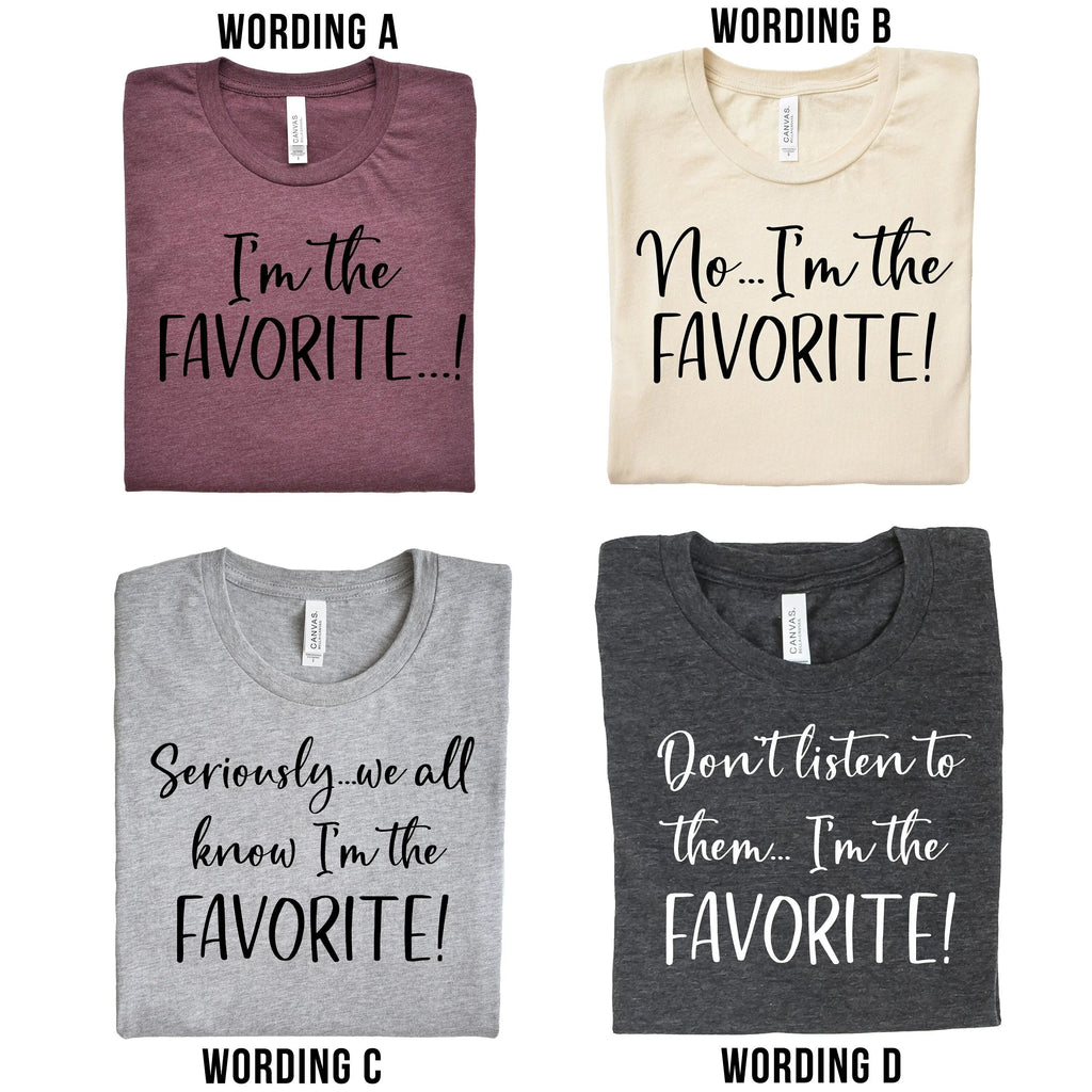Unisex T-shirts in maroon, cream, light gray, and dark gray with 'FAVORITE!' lettering