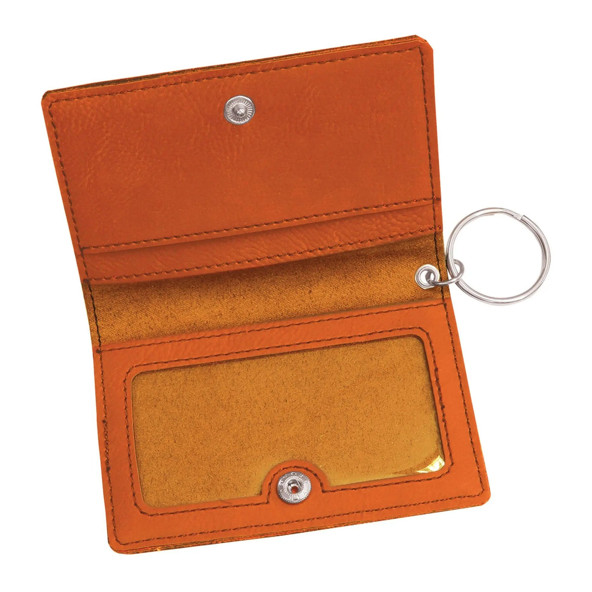 Orange keychain wallet with ID window and snap closure, metal key ring