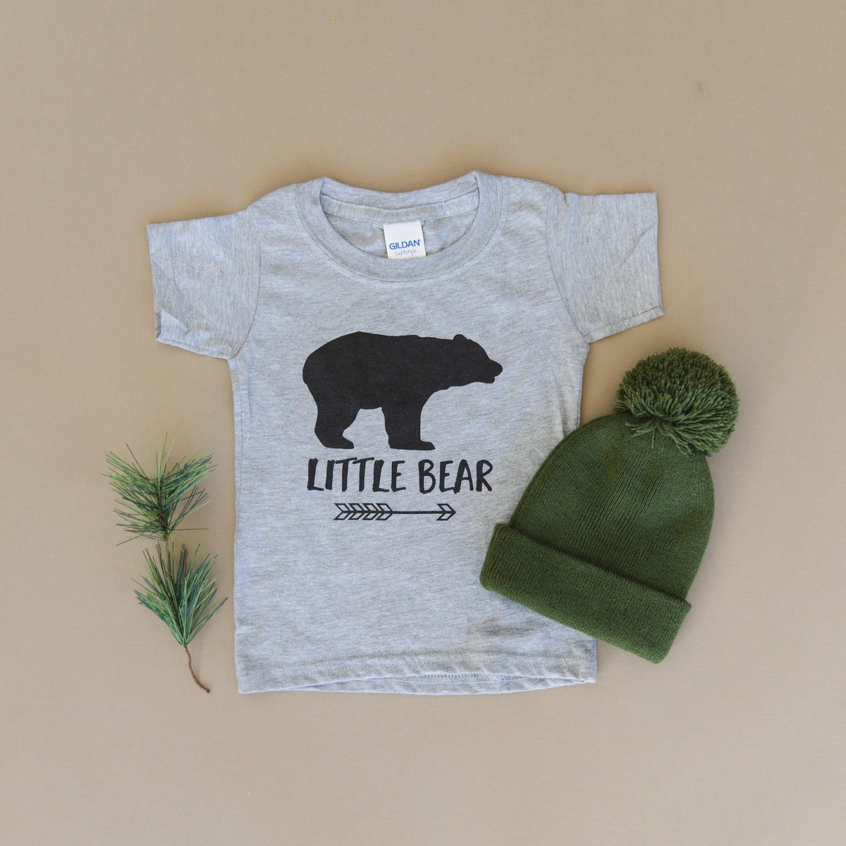 Gray toddler T-shirt with black little bear graphic, arrow design, crew neck