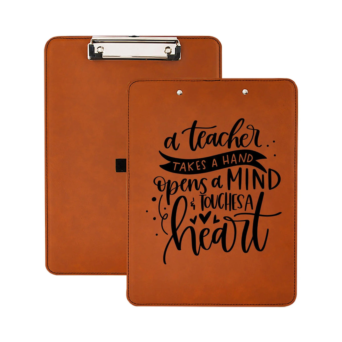 Set of brown leather clipboards: one open-back and one front with teacher quote