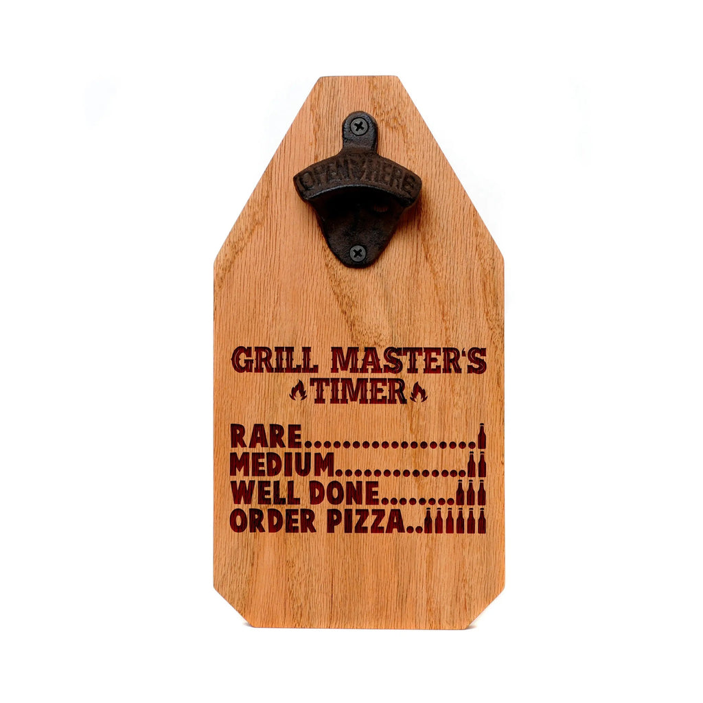 Wood BBQ grill timer sign with bottle opener, engraved grill master text