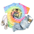 Pastel rainbow tie-dye T-shirt with 'Bee Kind' bee wreath graphic, crew neck.