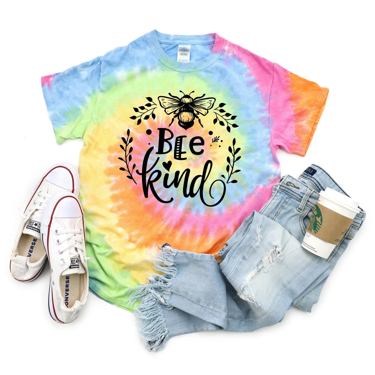 Pastel rainbow tie-dye T-shirt with 'Bee Kind' bee wreath graphic, crew neck.