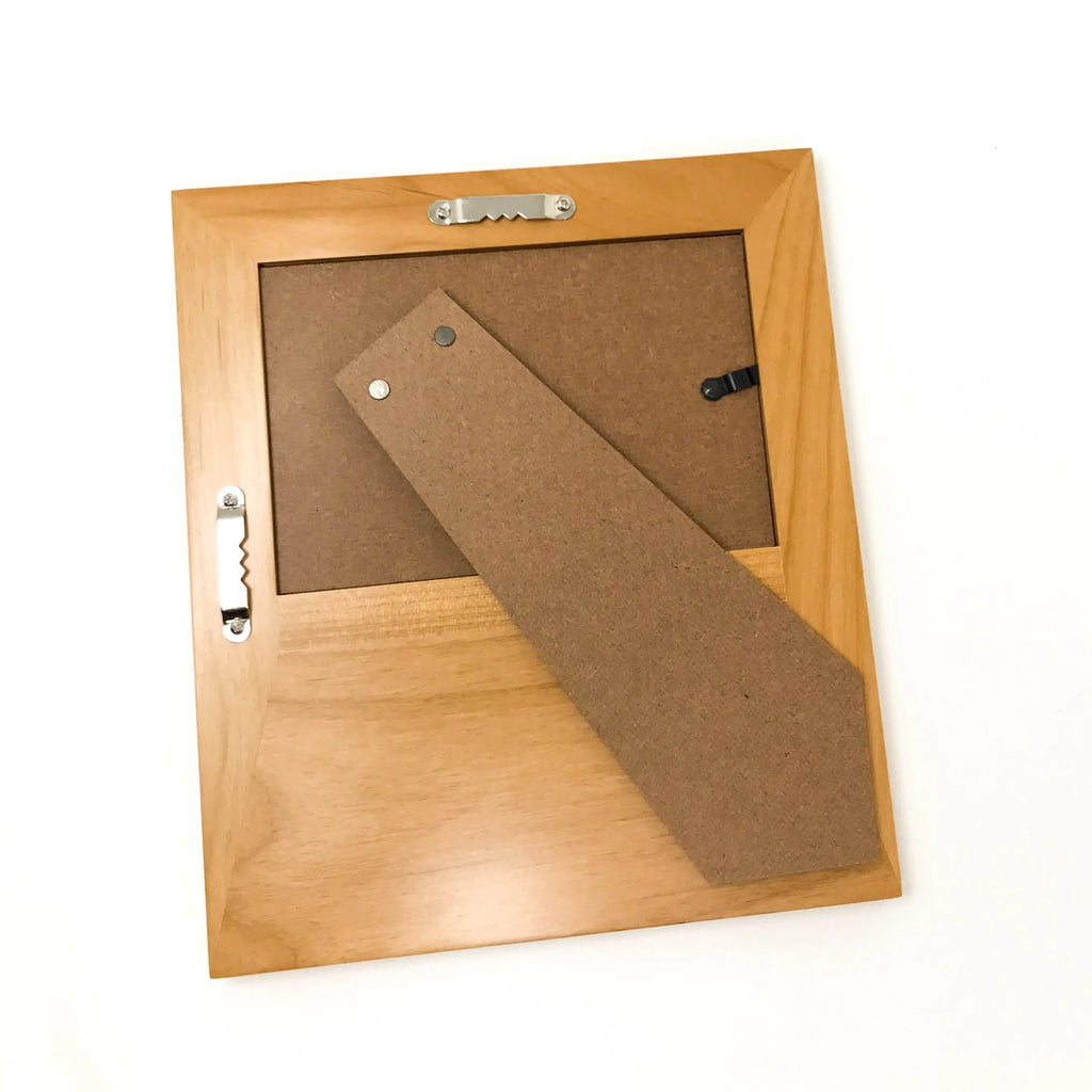 Wood picture frame back with cork insert and metal hanging clips