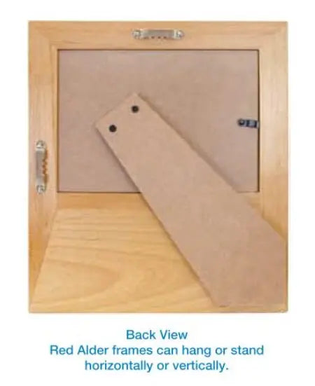 Wood photo frame back view with hinged clips and hanging hardware