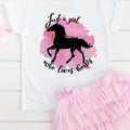 Girls white crewneck T-shirt with black horse silhouette and pink watercolor graphic