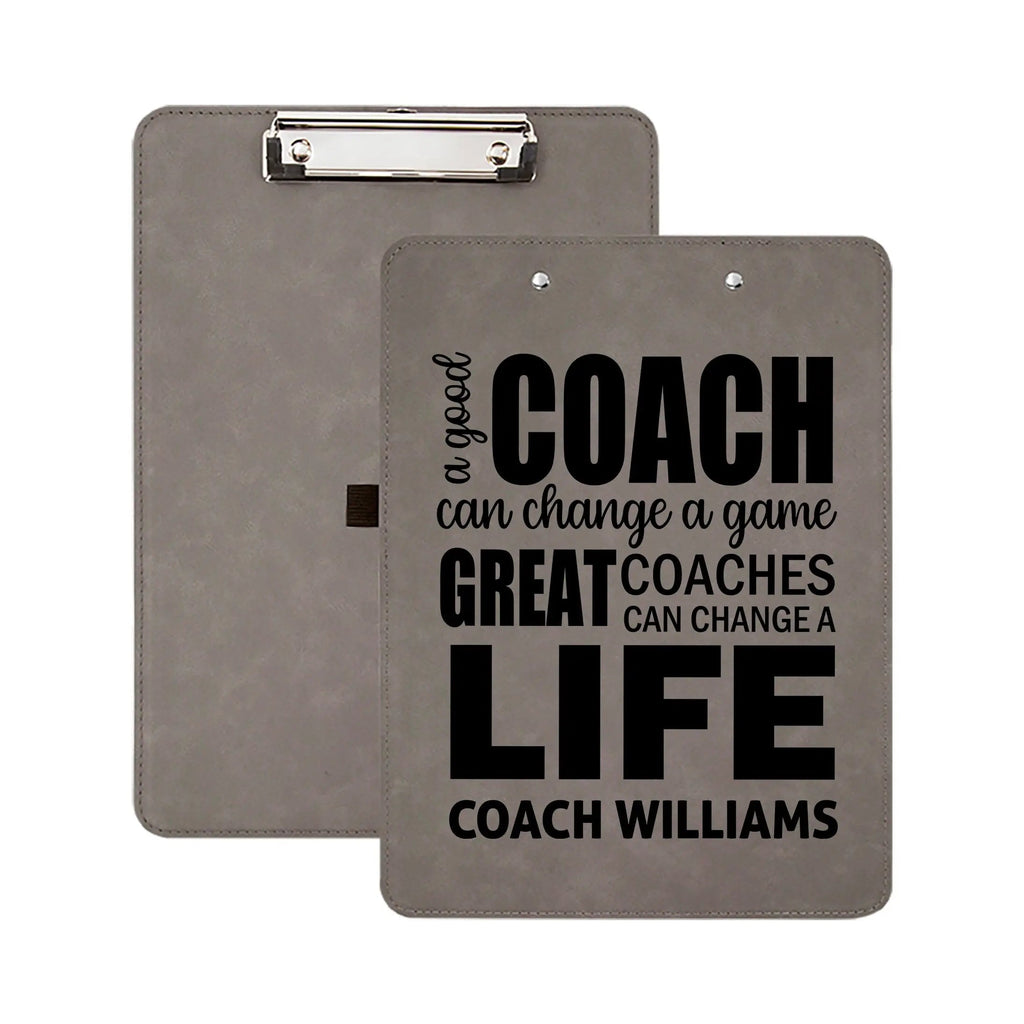 Gray leather clipboard set with metal clips, coach life quote and name text