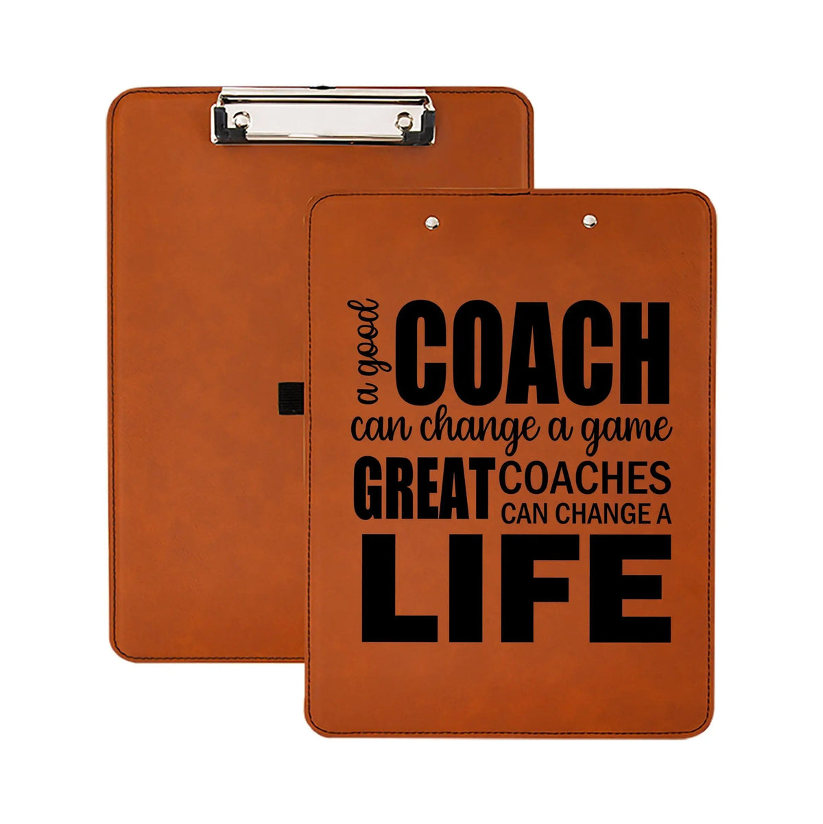 Orange-brown leather clipboard with metal clip and bold coach life text