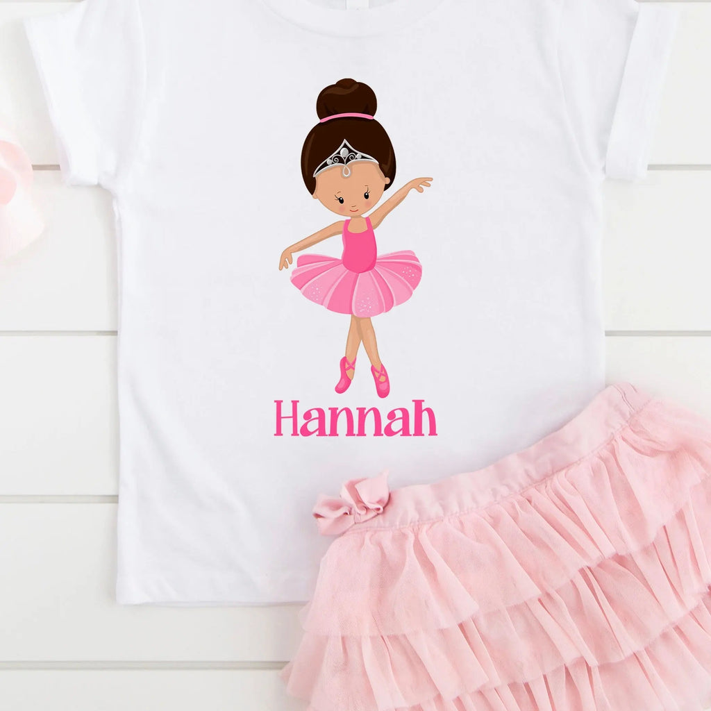 Girls white ballerina graphic T-shirt with pink tutu and “Hannah” text
