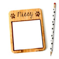 Bamboo wood sticky note holder with paw print border, personalized name, and blank sticky pad