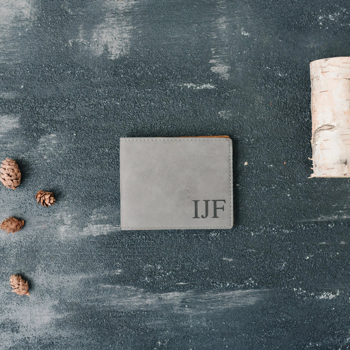 Men's leather wallet, light gray with IJF monogram, front view