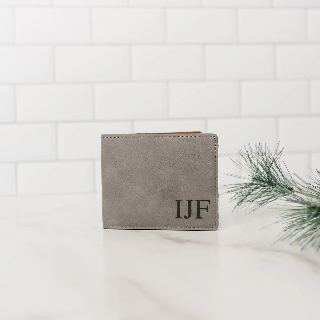 Men's leather wallet, gray with IJF monogram on front, bi-fold