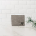 Men's leather wallet, gray with IJF monogram on front, bi-fold