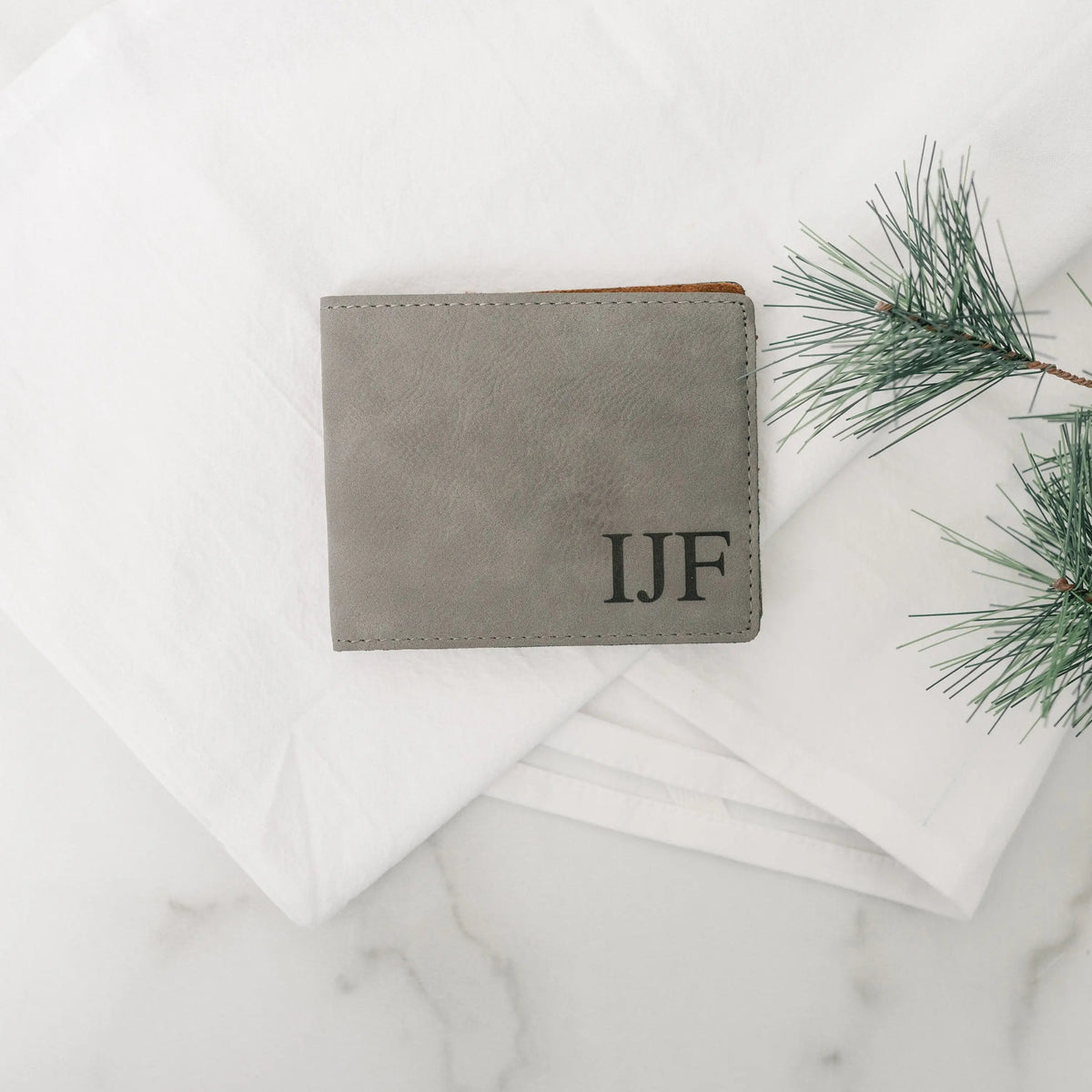 Gray leather wallet with monogram IJF and stitched border