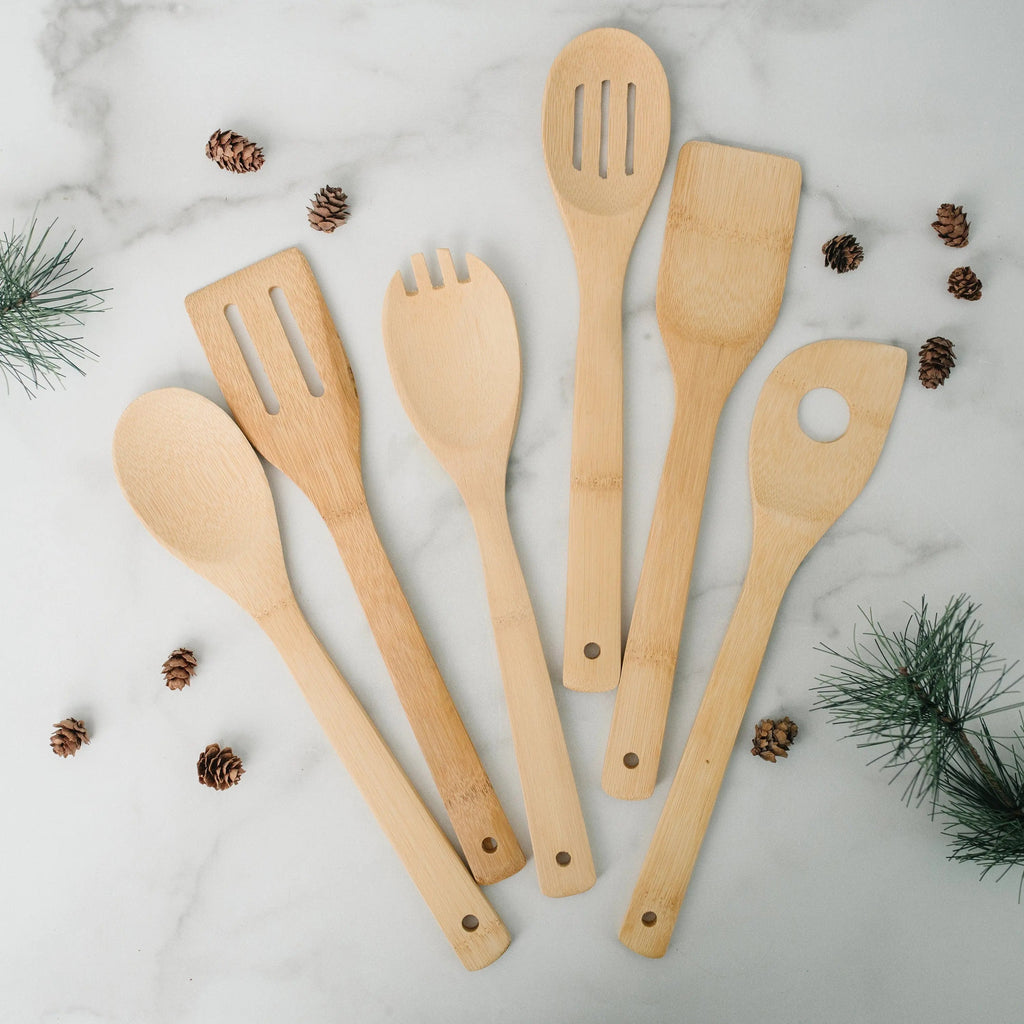 Bamboo kitchen utensils set: six wooden spatulas and spoons with round tips