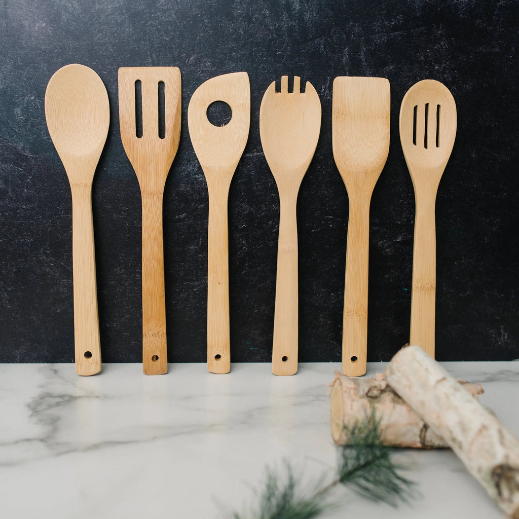 Bamboo kitchen utensil set of six wooden cooking tools, standing upright