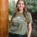 Olive green unisex t-shirt with bear and “Hike More Worry Less” graphic