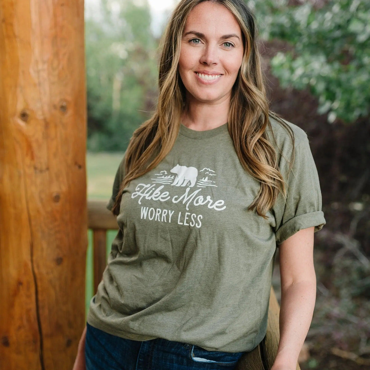 Olive green unisex t-shirt with bear and “Hike More Worry Less” graphic