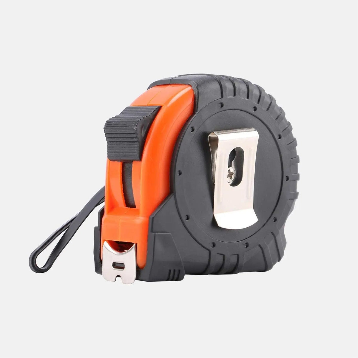 Orange-and-black retractable tape measure with key-ring clip and lock tab