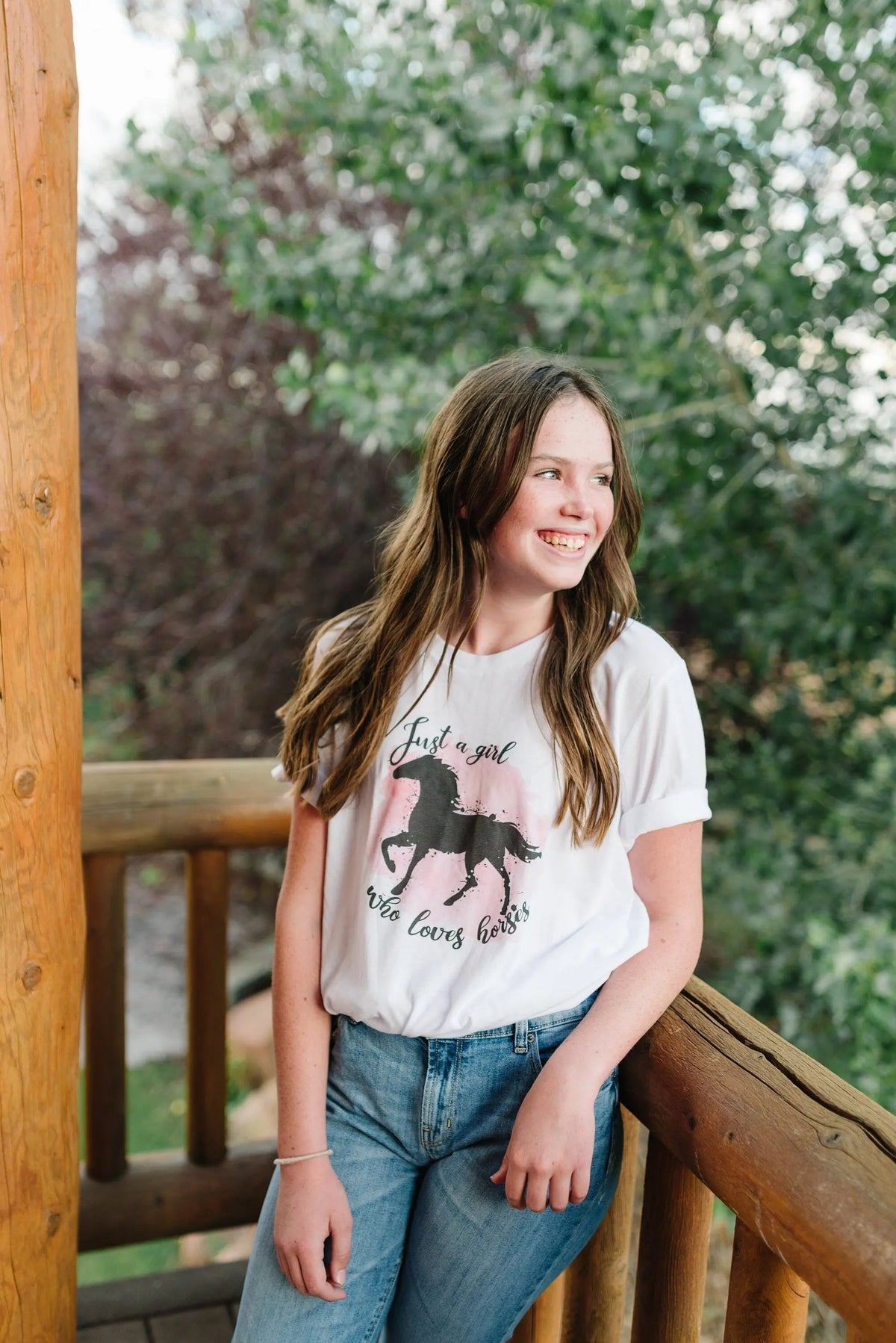 White horse T-shirt for girls, black horse silhouette with pink watercolor splash