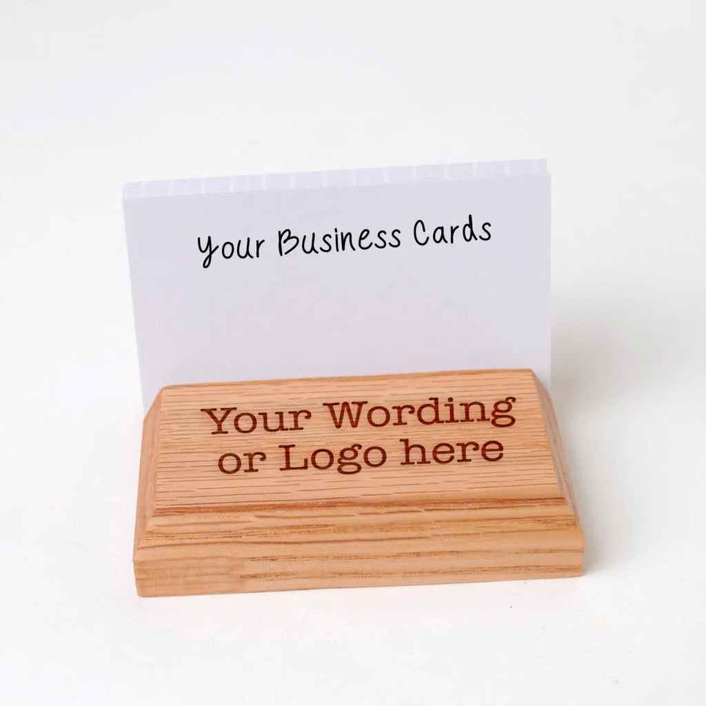 Wood business card holder with printed note “Your Wording or Logo here”