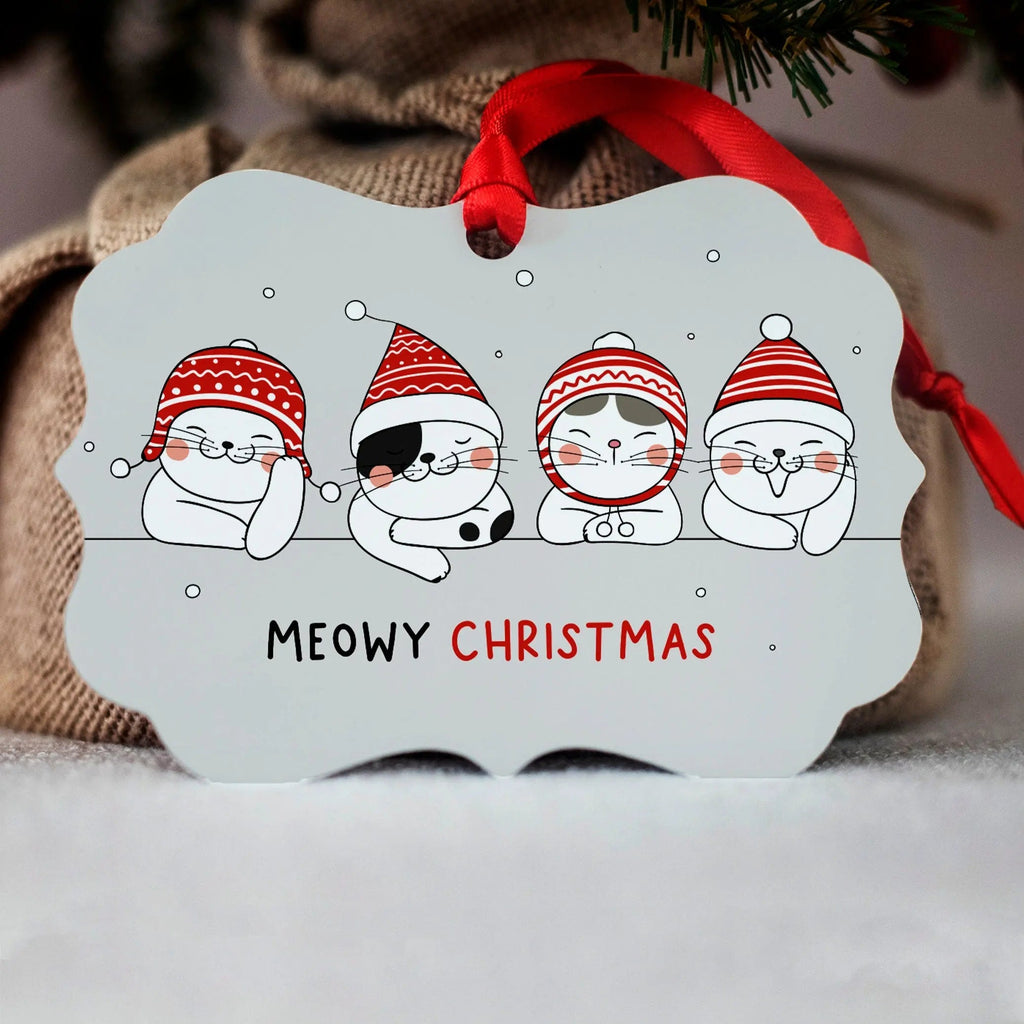 Personalized cat Christmas ornament with four cats in red hats, 'Meowy Christmas' text.
