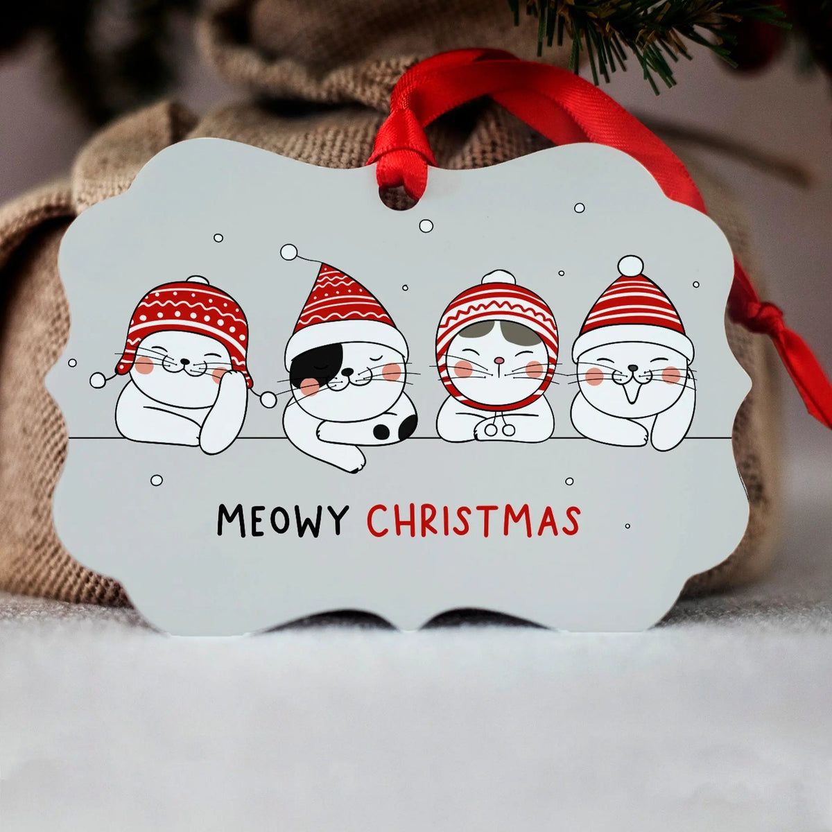 Personalized cat Christmas ornament with four cats in red hats, 'Meowy Christmas' text.