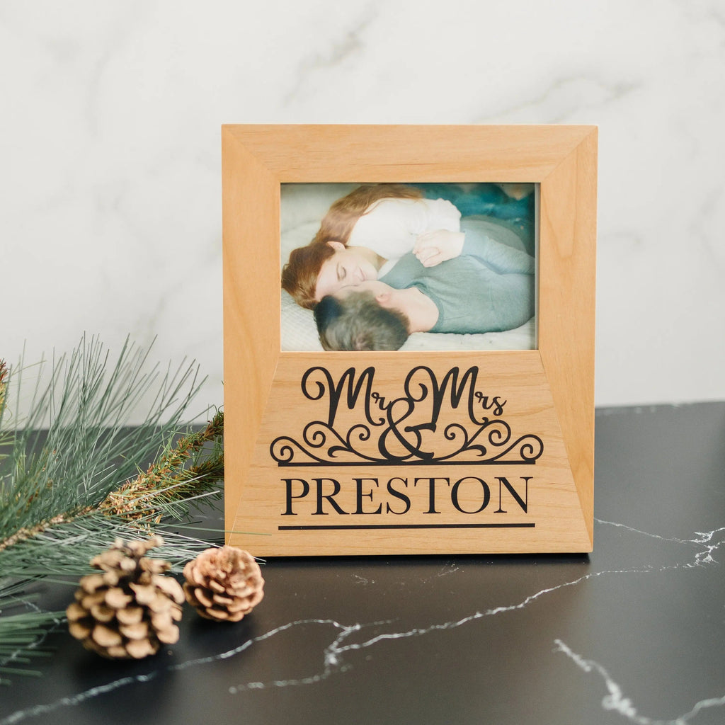 Personalized wood photo frame with Mr & Mrs Preston text and couple photo insert