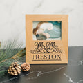 Personalized wood photo frame with Mr & Mrs Preston text and couple photo insert