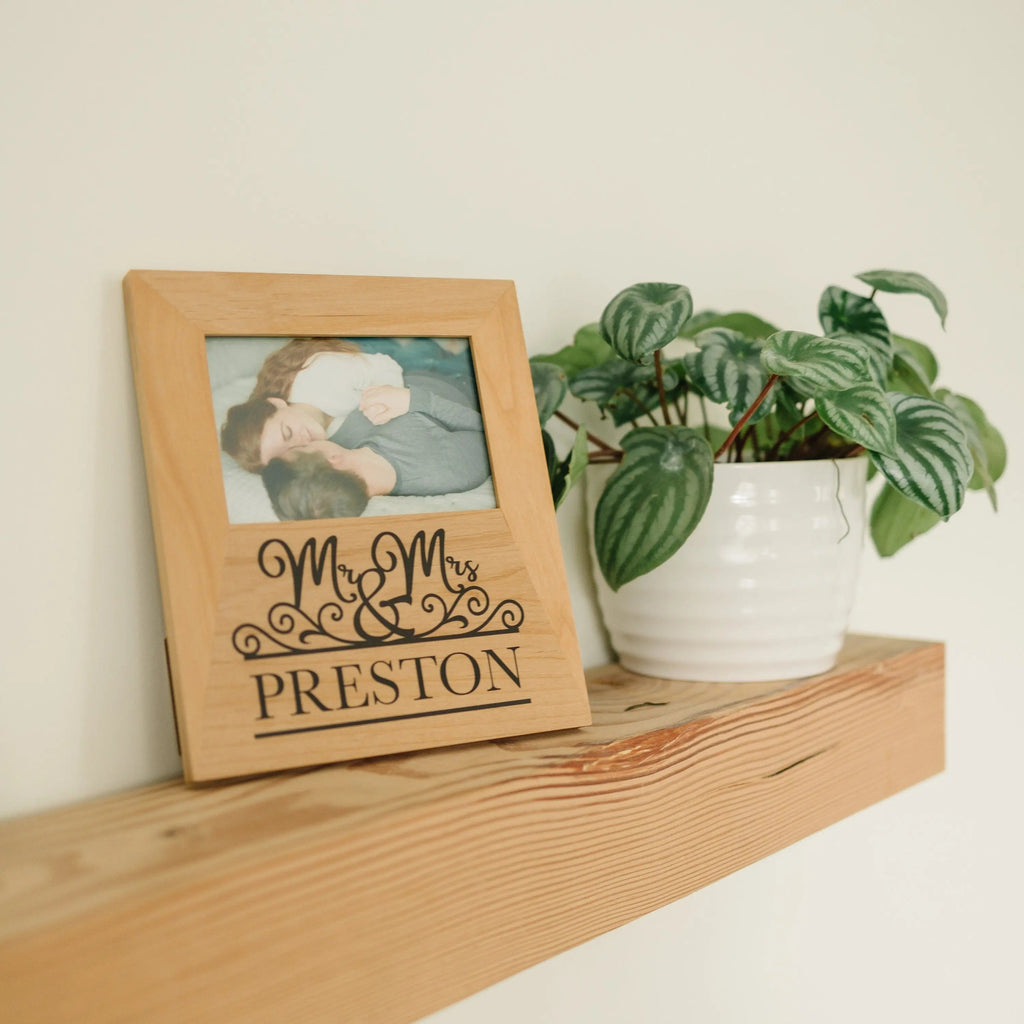 Personalized wood photo frame displaying Mr & Mrs Preston with couple photo insert