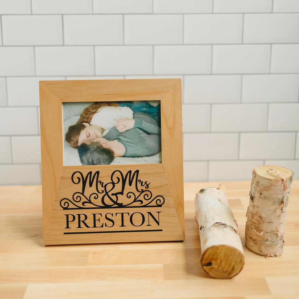 Personalized wood photo frame with Mr & Mrs Preston text and printed couple photo