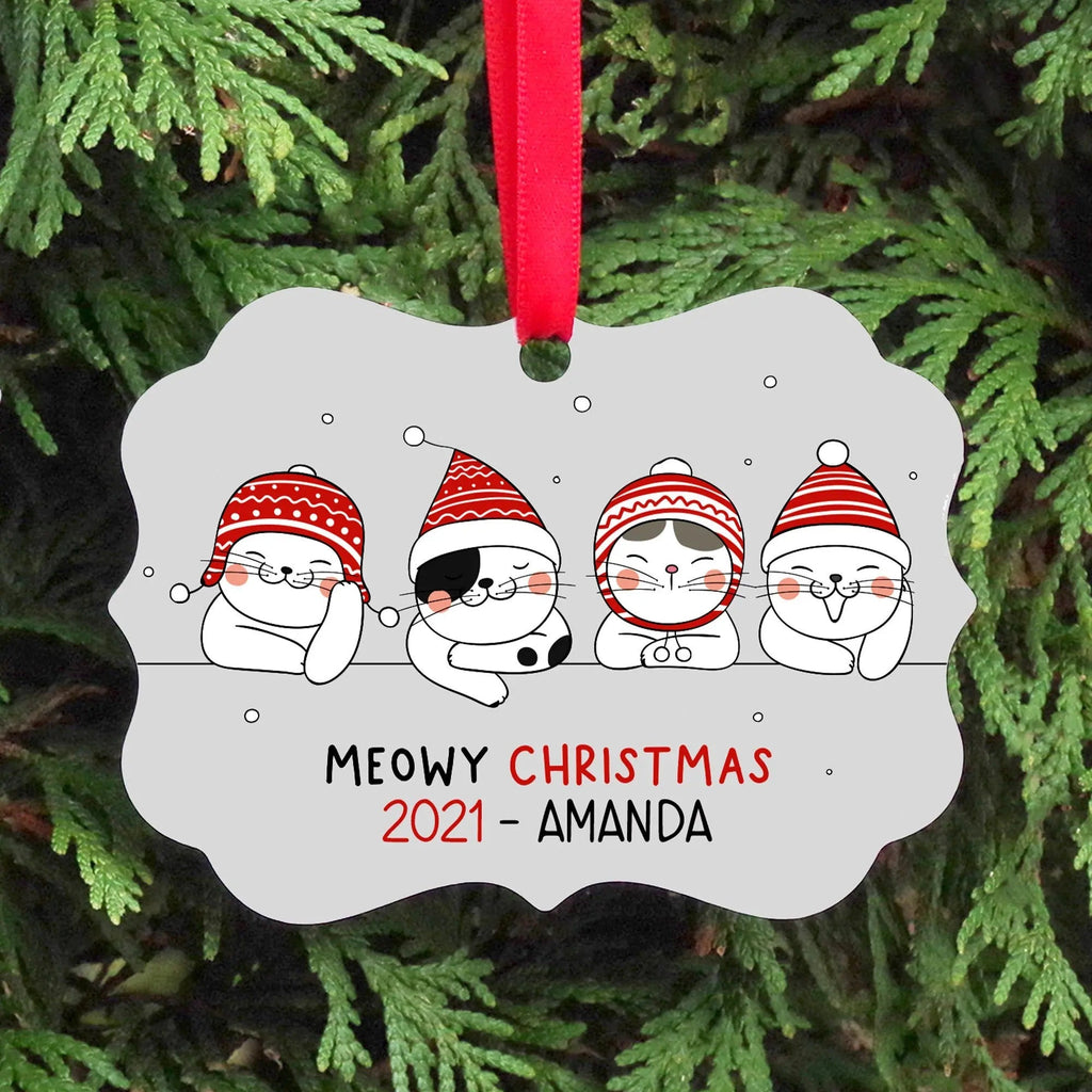Personalized cat Christmas ornament with four cats in red hats, 'Meowy Christmas 2021 - Amanda' text.