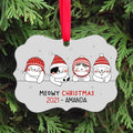 Personalized cat Christmas ornament with four cats in red hats, 'Meowy Christmas 2021 - Amanda' text.