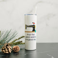 White skinny travel tumbler with straw, clear lid, and sewing machine quote graphic