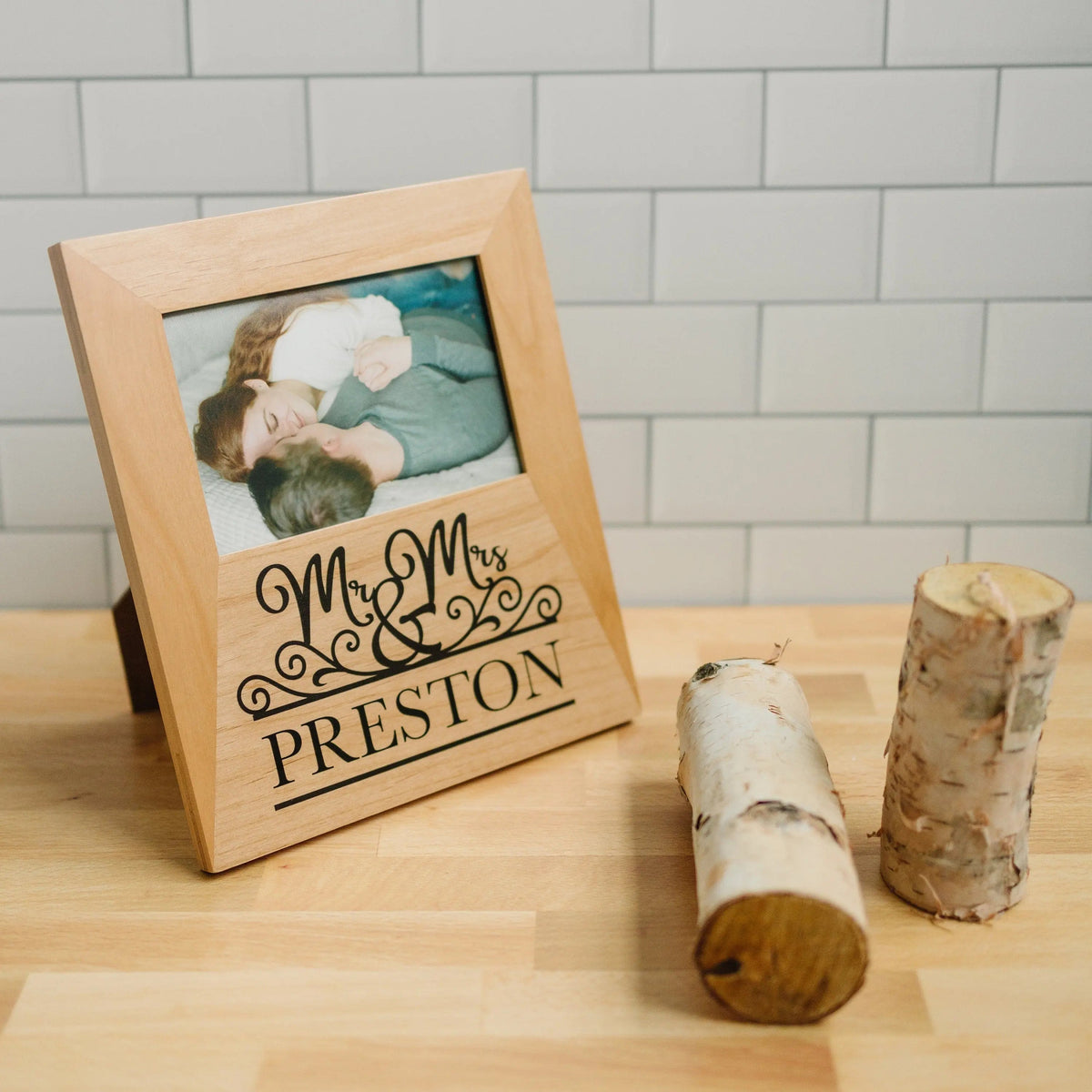 Personalized wood photo frame with Mr & Mrs Preston text and couple photo insert