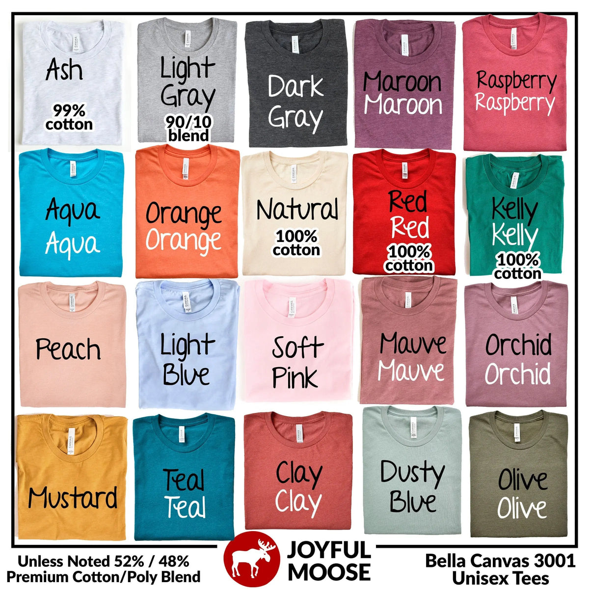 Unisex camping T-shirt color swatch chart showing multiple shirt colors.