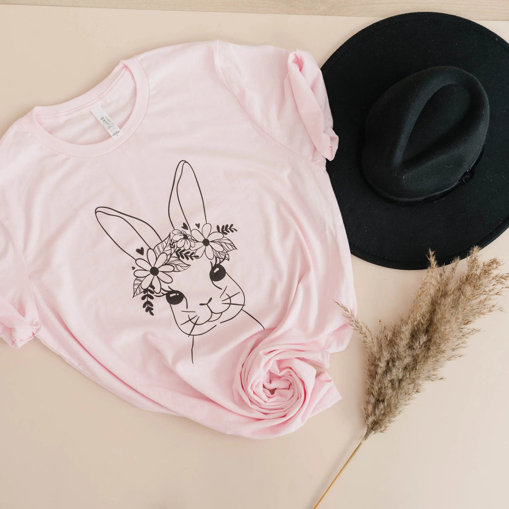 Light pink folded Easter bunny t-shirt with floral bunny face print
