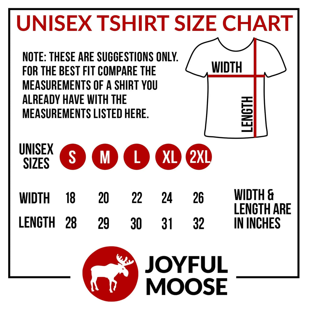 Joyful Moose unisex T-shirt size chart with width and length inches