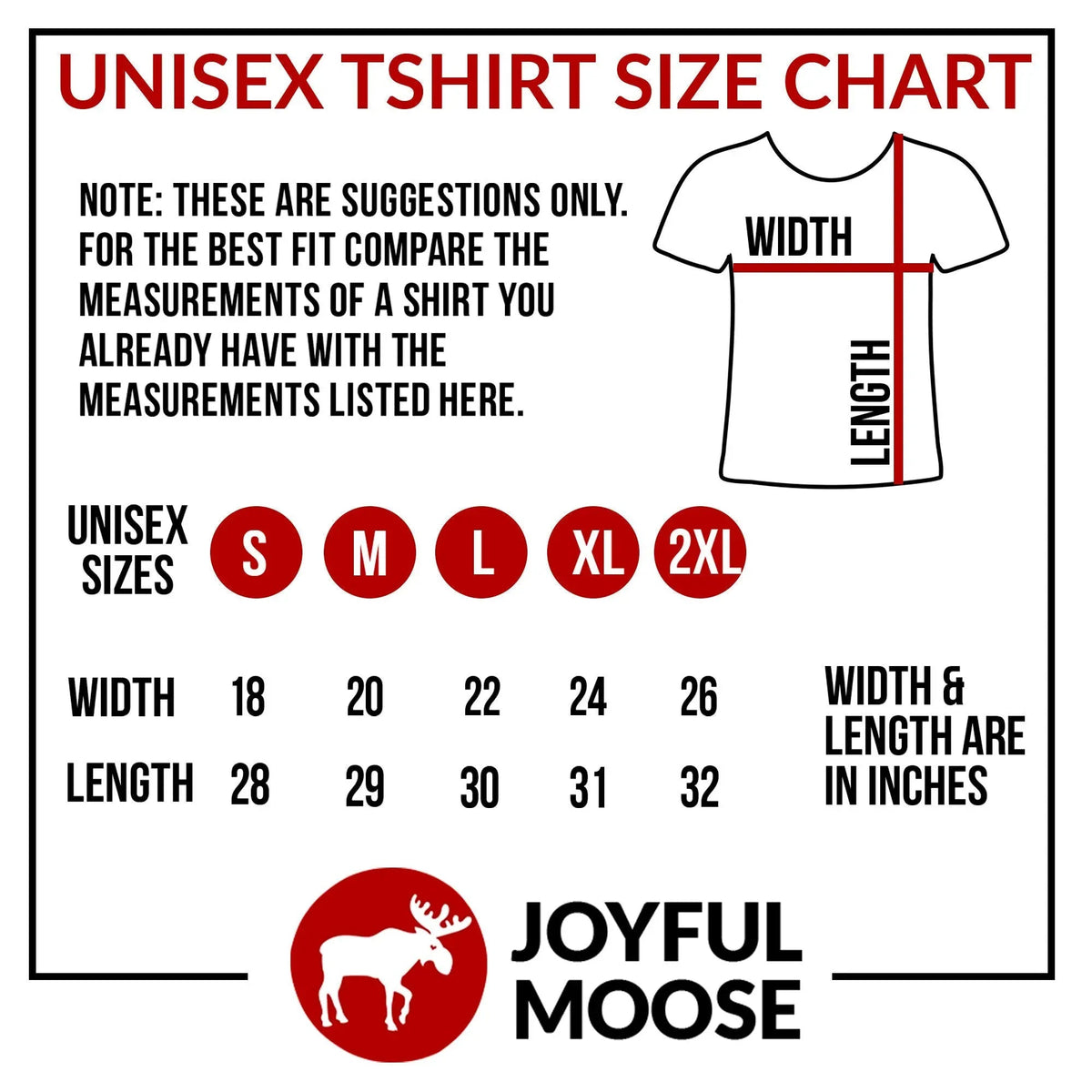 Unisex T-shirt size chart with width and length measurements in inches