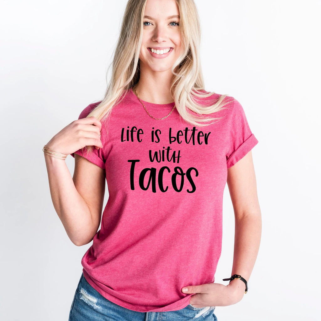 Maroon unisex taco T-shirt with 'Life is better with tacos' text and graphic front