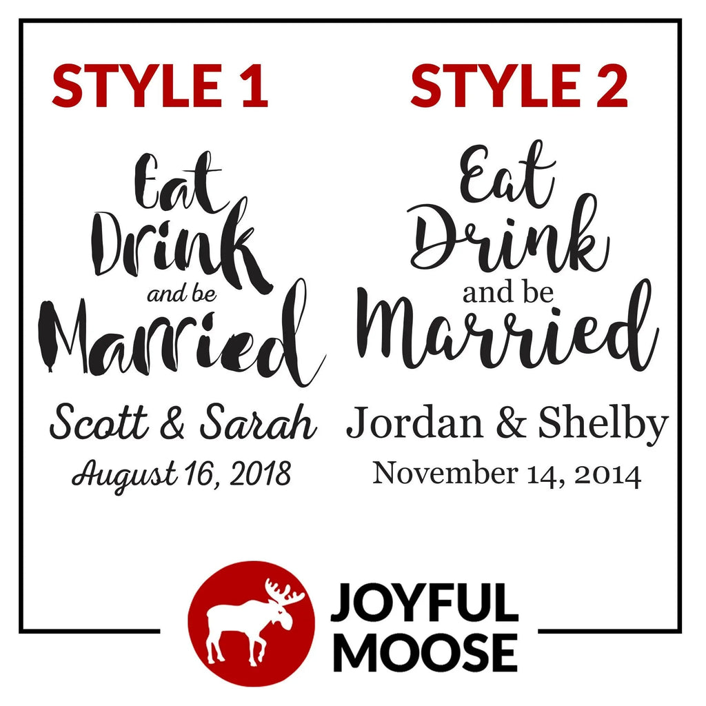 Wedding cutting board engraving styles 1 and 2 with Joyful Moose logo.