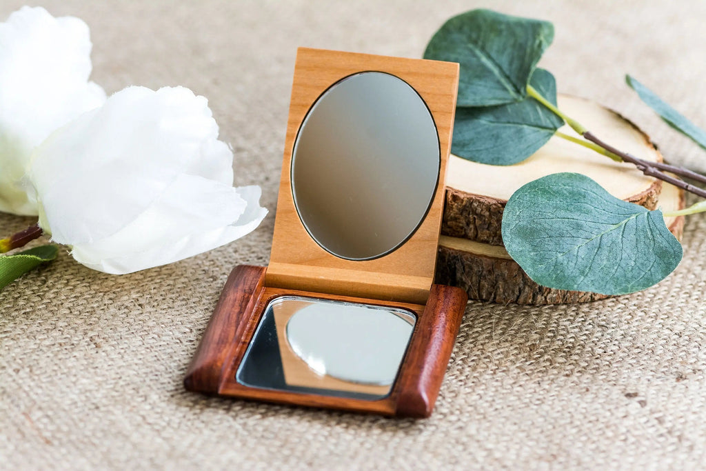 Wood compact mirror open with round mirror and rectangular mirror, dark wood frame