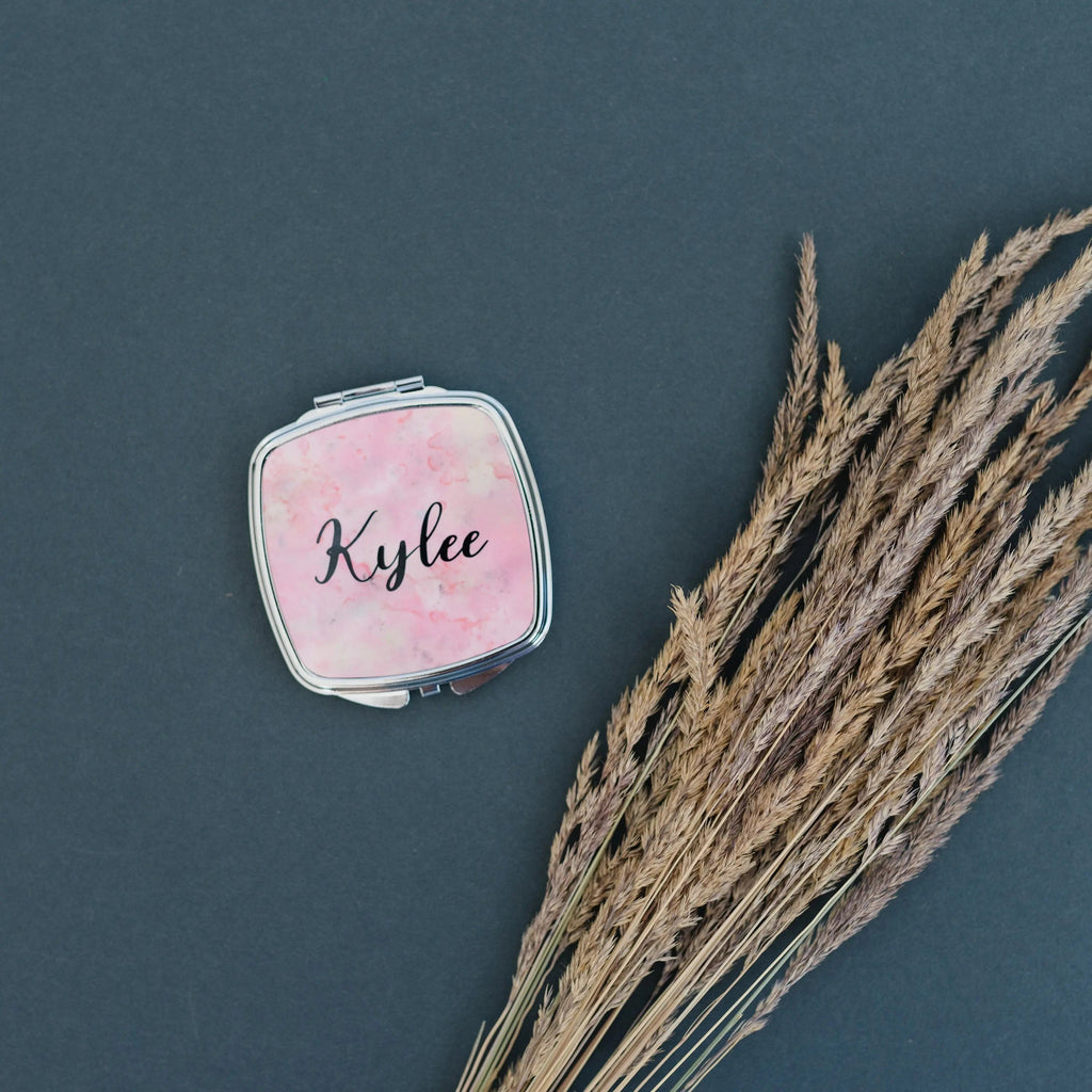 Personalized compact mirror, pink marble front with 'Kylee' in black script