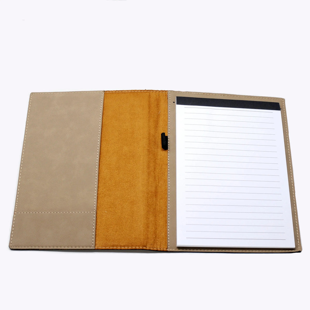 Open legal pad portfolio showing tan interior pages and flip cover panels
