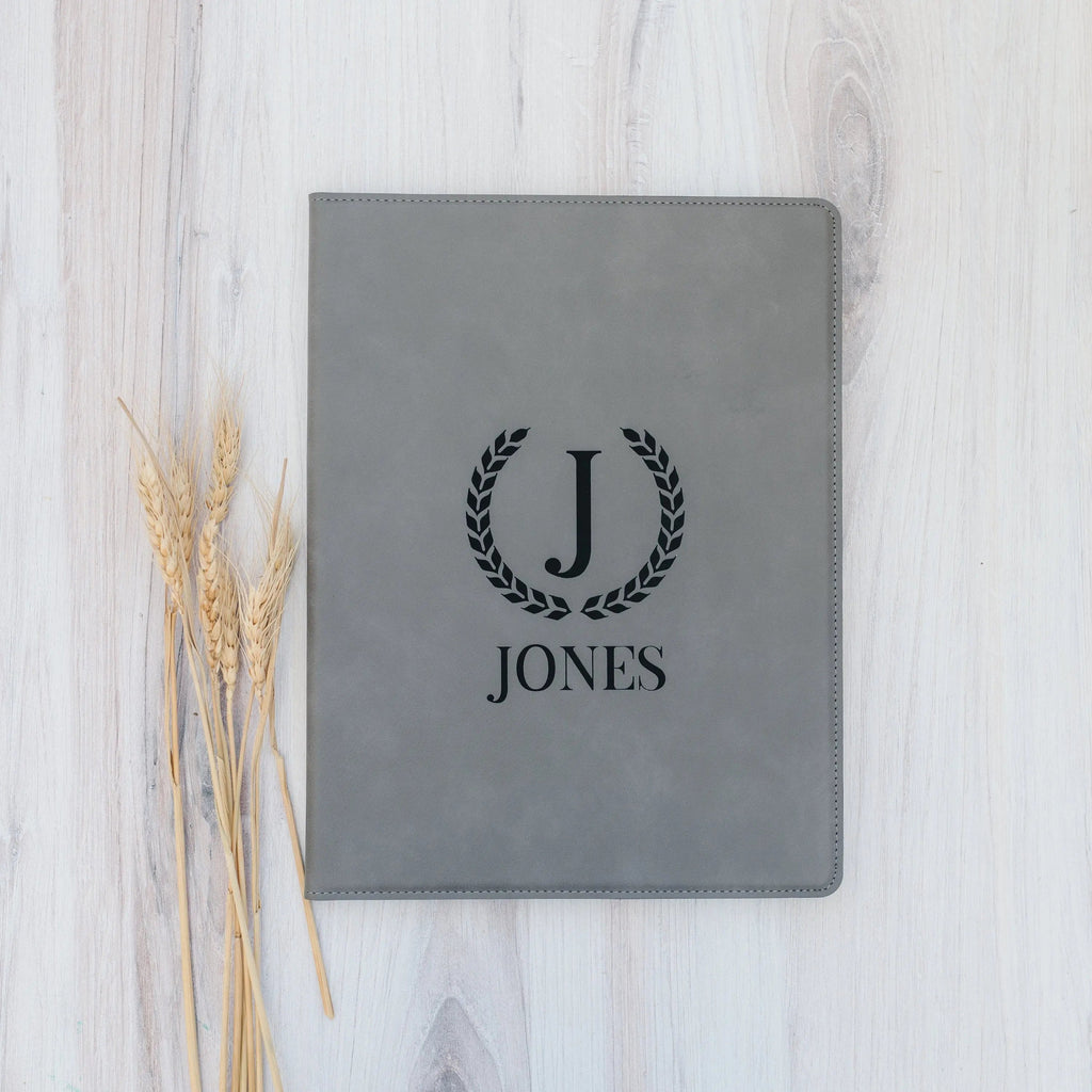 Gray faux leather monogram legal pad portfolio with engraved wreath J and JONES