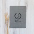 Gray faux leather monogram legal pad portfolio with engraved wreath J and JONES